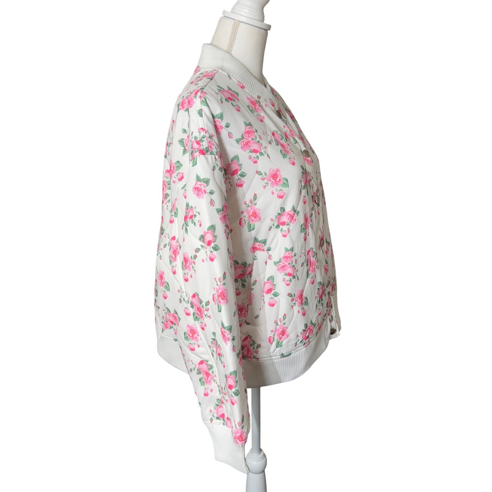 Mainstrip Women's Quilted Floral Bomber Jacket Pink Rose Snap Front White Size M - Picture 9 of 11